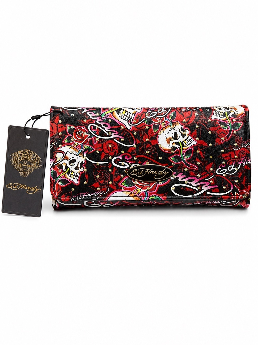 Ed Hardy Red Skull & Rose Print Foldover Wallet with Multicolor Accents